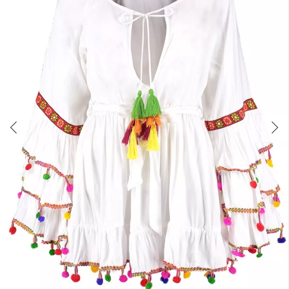 Boohoo Plus White Dress with Colorful Tassels